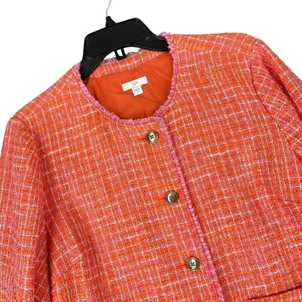 J. Jill Frayed Trim Plaid Tweed Professional Career Blazer Jacket Womens Sz M